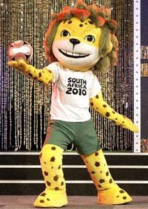Zakumi, the official mascot of the 2010 FIFA World Cup, plays with a soccer ball as he makes an appearance for the media in Johannesburg, South Africa, Monday Sept. 22, 2008. [Themba Hadebe/AP]