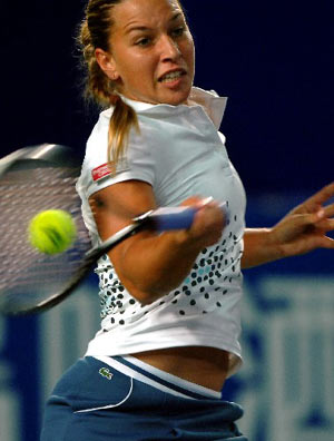 Slovakia's Dominika Cibulkova returns a shot against France's Amelie Mauresmo during women's singles first round match at the 2008 China Open in Beijing, capital of China Sept. 22, 2008. Cibulkova won 2-1 and advanced to the next round.