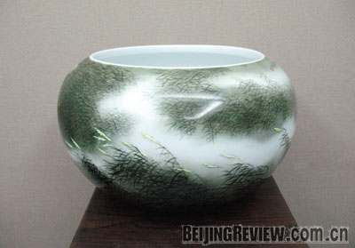 A contemporary porcelain artwork shown at an exhibition in Shanghai 