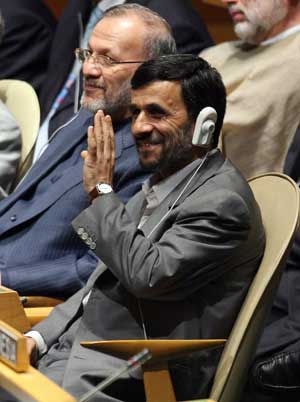  Iranian President Mahmoud Ahmadinejad reacts during the General Debate on the theme "The impact of the global food crisis on poverty and hunger in the world and the need to democratize the United Nations" during the 63rd session of the UN General Assembly at the UN headquarters in New York, the United States, Sept. 23, 2008. 