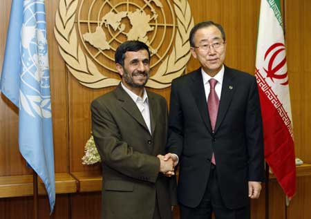 Iranian President Mahmoud Ahmadinejad meets U.N. Secretary-General Ban Ki-moon (R) during the United Nations General Assembly at U.N. headquarters in New York Sept. 22, 2008.