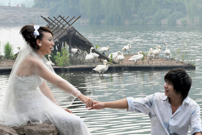 A couple has their photos taken with swans in the backdrop near the West Lake in Hangzhou, East China's Zhejiang Province, September 23, 2008. Twenty white swans were moved from the Hangzhou Zoo to the scenic West Lake, a popular tourist spot, ahead of the National Day holiday. [CFP] 