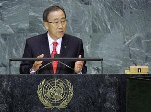 United Nations Secretery General Ban Ki-moon addresses members of the 63rd General Assembly Tuesday, Sept. 23 2008 at the United Nations. [Julie Jacobson/AP] 