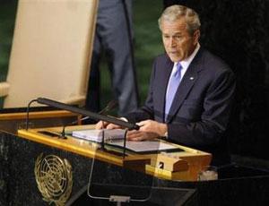 President George W. Bush speaks during the 63rd United Nations General Assembly at U.N. headquarters in New York September 23, 2008. [Chip East/Reuters]