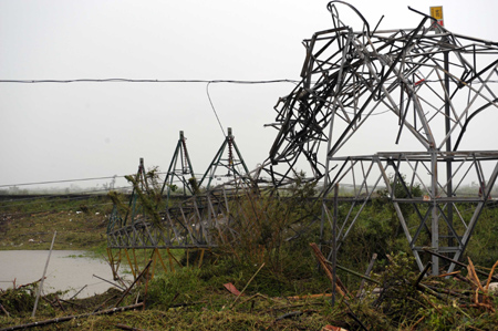 A power pylon is seen collapsed after the fierce rainstorm brought by Typhoon Hagupit in Yangjiang, South China's Guangdong Province, September 24, 2008.
