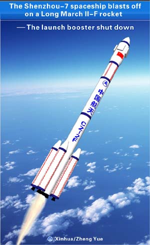 The graphic shows the launch booster of the Shenzhou-7 spaceship shutting down. 