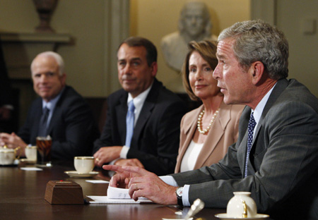 US President George W. Bush (R) meets with Bicameral and Bipartisan Members of Congress in the Cabinet Room at the White House in Washington, September 25, 2008. Bush is joined by (L-R) Republican US presidential nominee Senator John McCain, Minority House leader John Boehner and House Speaker Nancy Pelosi. [Chinadaily.com.cn]