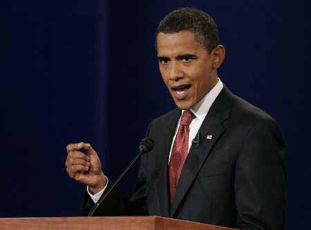 Democratic presidential candidate Barack Obama takes part in the first U.S. presidential debate with U.S. Republican presidential candidate John McCain (not shown) in Oxford, Mississippi, September 26, 2008.