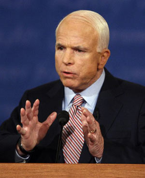 Republican presidential nominee Senator John McCain (R-AZ) speaks during the first U.S. presidential debate in Oxford, Mississippi, September 26, 2008.
