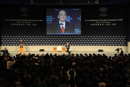 Chinese Premier Wen Jiabao delivers a speech at the opening ceremony of the second Annual Meeting of the New Champions organized by the World Economic Forum at Tianjin Binhai Convention and Exhibition Center in north China's Tianjin Municipality, Sept. 27, 2008.