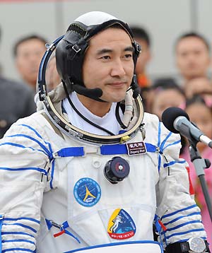 Chinese taikonaut Zhai Zhigang attends the setting-out ceremony at the taikonauts' apartment compound of the Jiuquan Satellite Launch Center in northwest China's Gansu Province, Sept. 25, 2008. China counted down Thursday to its third manned space mission Shenzhou-7 which will include the country's first ever space walk.