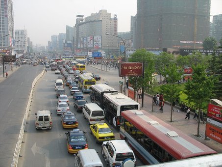 Traffic clogs a road in Zhongguancun, a chaotic Beijing neighborhood.