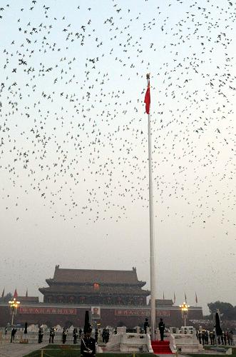 Flag-hoisting ceremony marking the 59th anniversary of founding of PR China in early morning of October 1, 2008 [Xinhua] 