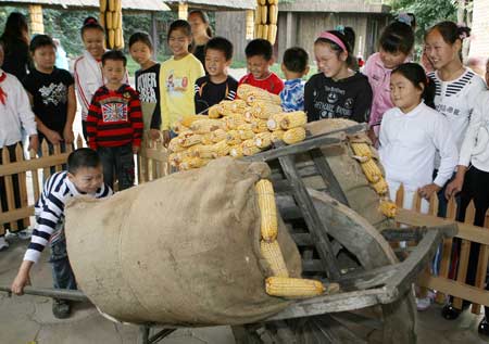 Students look at a farming barrow at a park in Nantong, east China's Jiangsu Pronvince, Sept. 30, 2008. Students of Hetao primary school visited a farm park in the city to experience the farmers' life by learning some simple agricultural works. [Xinhua]