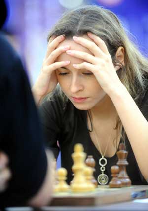 Antoaneta Stefanova of Bulgaria competes during the women's chess individual blitz against Alexandra Kosteniuk of Russia in the 1st World Mind Sports Games in Beijing, capital of China, Oct. 5, 2008.