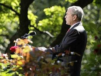 US President George W. Bush makes a statement in the Rose Garden of the White House in Washington, DC on October 3, 2008. Bush on Saturday praised legislators from both major parties for approving the 700 billion dollar financial system bailout package, but warned that relief would not be instant. [AFP]