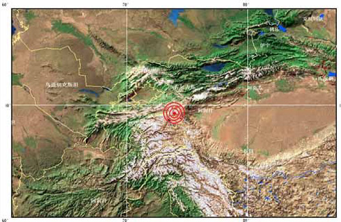 A strong earthquake measuring 6.8 degrees on the Richter scale hit Wuqia County, or Ulugqia County, in the Xinjiang Uygur Autonomous Region, northwest China, on Sunday, at 23:52 PM, according to the National Seismological Network. 