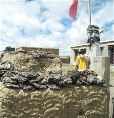 Yak dung is laid on the mud wall of herder Bugye's house for drying before it is used as fuel in Nagqu prefecture, Tibet autonomous region, on Sept 12. [China Daily]