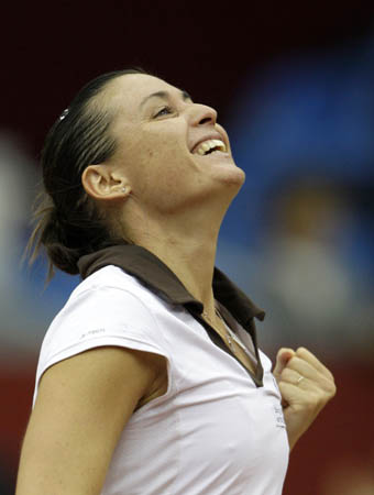 Italy's Flavia Pennetta celebrates her victory over Venus Williams of the U.S. in their Kremlin Cup tennis match in Moscow October 7, 2008.