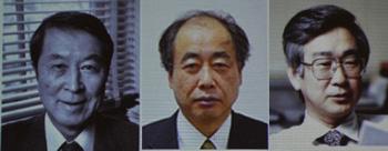 A combination photograph shows (L-R) Yoichiro Nambu of America and Japan's Makoto Kobayashi and Toshihide Maskawa.Yoichiro Nambu, Makoto Kobayashi and Toshihide Maskawa won the 2008 Nobel Prize in physics for reaching on symmetry at the microscopic level,the Nobel committee announced Tuesday. [Xinhua]