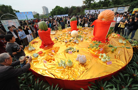 People view different kinds of melons during the 4th agriculture carnival in Nanjing, capital of east China's Jiangsu Province, Oct. 11, 2008. [Xinhua]