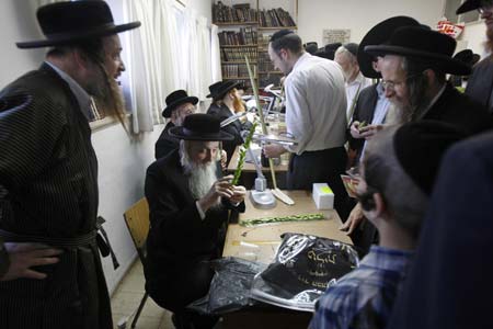 An ultra-Orthodox Jew (2nd L) checks a myrtle branch for blemishes in Jerusalem's Mea Shearim neighbourhood October 12, 2008. The myrtle is used in rituals during the week-long Jewish holiday of Sukkot, which begins Monday at sundown.