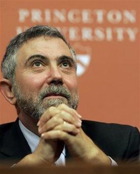 Paul Krugman, Princeton University professor of economics and international affairs, listens to his introduction at a gathering in Princeton, after he was announced the winner of the 2008 Nobel Prize in economics Monday, Oct. 13, 2008. 