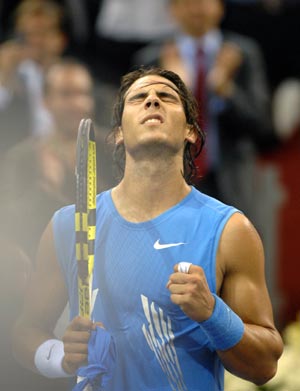 Spain's Rafael Nadal gestures after a second round tennis match against Latvia's Ernests Gulbis of the Masters in Madrid of Spain, Oct. 14, 2008. Nadal won 2-1. [Chen Haitong/Xinhua]