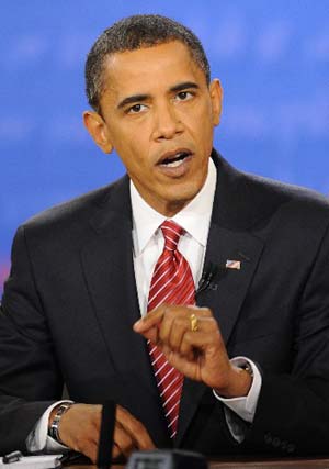 Democratic presidential candidate Sen. Barack Obama, D-Ill., answers a question during a presidential debate at Hofstra University in Hempstead, N.Y., Wednesday, Oct. 15, 2008.