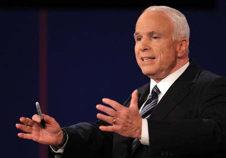 Republican presidential candidate Sen. John McCain, R-Ariz., speaks during a presidential debate at Hofstra University in Hempstead, N.Y., Wednesday, Oct. 15, 2008.