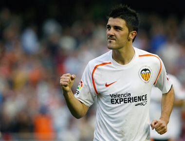 Valencia's David Villa celebrates after scoring against Numancia during their Spanish first division soccer match at the Mestalla Stadium in Valencia yesterday.