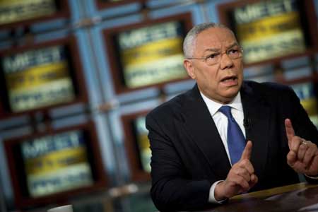 Former Secretary of State Colin Powell speaks during a taping of 
