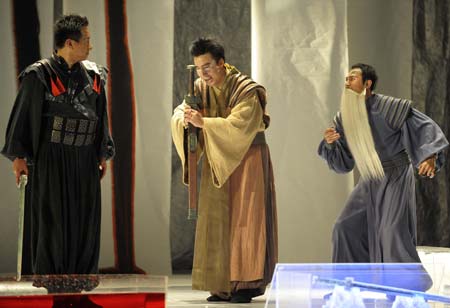 Chinese actors perform in drama "The Legend of a Hero" during the ongoing 20th Cairo International Experimental Drama Festival at the Egyptian National Theater in Cairo Oct. 17, 2008. (Xinhua/Zhang Ning)