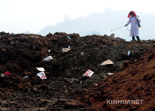 A medical worker sprays the landslide site in Xiangfen County, Shanxi Province, with antiseptics on September 13, 2008.