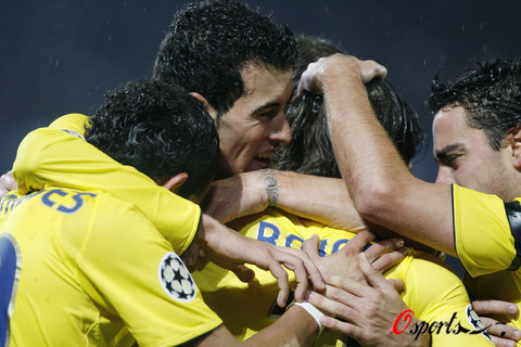 Players of Barcelona celebrate their victory against FC Basel yesterday.