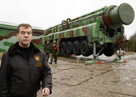 Russia's President Dmitry Medvedev visits cosmodrome Plesetsk, which is nestled among the taiga forests of Russia's north, Oct. 12, 2008. (Xinhua/Reuters Photo)