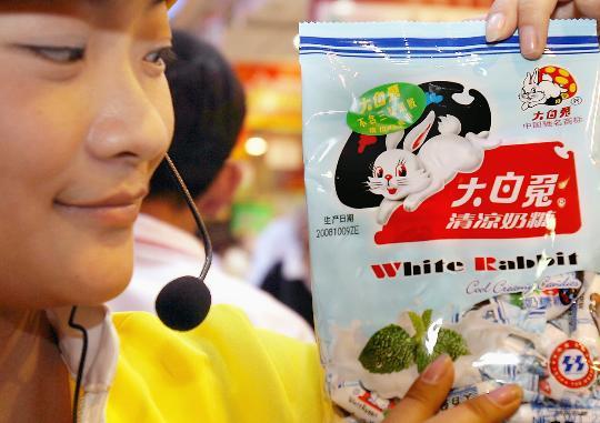 A new batch of White Rabbit milk candies restocked supermarket shelves in Beijing on Thursday, October 23, 2008. The new candies, made from quality milk powder, have been sealed in new packages tagged with a green mark exclaiming 'melamine-free product, safe to consume.' The candy's producer, the Guanshengyuan Company, halted all sales of White Rabbit Candy and recalled all domestic and overseas products immediately after the candy tested positive for melamine. 