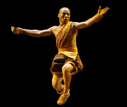 A performer jumps during a media presentation of the show 'Poem of Kungfu' at Star Theatre in Sydney October 22, 2008. 'Poem of Kungfu', a Chinese theatre piece with 27 performers who combine Kungfu with dance, will be in Sydney for three shows.