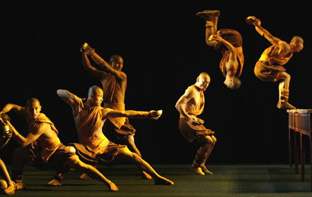 Performers jump during a media presentation of the show 'Poem of Kungfu' at Star Theatre in Sydney October 22, 2008.