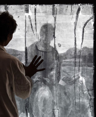 Fine arts technician Patrizia Riitana views a pre-restoration x-ray image of Italian artist Raphael's 1506 oil-on-wood painting 'Madonna of the Goldfinch' at a laboratory in Florence October 23, 2008. 