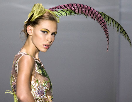 A model displays a creation by Russian designer Natalia Valevskaya during the Moscow Fashion Week in Moscow October 23, 2008.
