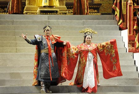 Chinese theatrical performers perfom opera Turandot in Cairo Opera House, downtown Cairo, capital of Egypt on Oct. 26, 2008. The scene shows the prince of Tartary finally marries Princess Turandot, in the world famous opera Turandot which was staged in Cairo Opera House. The opera, given by China National Opera House, would be performed four nights in Cairo.