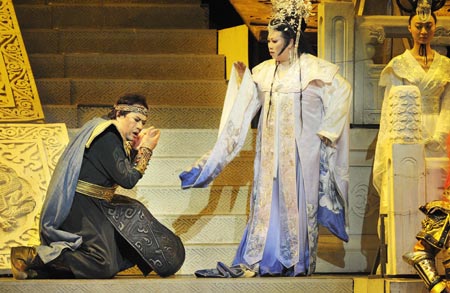 Chinese theatrical performers perfom opera Turandot in Cairo Opera House, downtown Cairo, capital of Egypt on Oct. 26, 2008. The scene shows the Princess of Turandot breaks her promise and does not want to marry the prince of Tartary although he has answered all her riddles, in the world famous opera Turandot which was staged in Cairo Opera House, downtown Cairo. The opera, given by China National Opera House, would be performed four nights in Cairo.