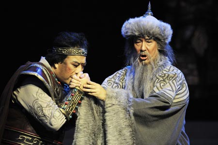 Chinese theatrical performers perfom opera Turandot in Cairo Opera House, downtown Cairo, capital of Egypt on Oct. 26, 2008. The scene shows the young prince of Tartary encounters his long-lost father, Timur, the deposed king of Tartary, in the world famous opera Turandot which was staged in Cairo Opera House. The opera, given by China National Opera House, would be performed four nights in Cairo.