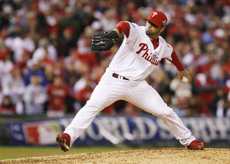 Philadelphia Phillies' J.C. Romero pitches to the Tampa Bay Rays in the ninth inning in Game 4 of Major League Baseball's World Series in Philadelphia, October 26, 2008. The Philadelphia Phillies crushed the Tampa Bay Rays 10-2 on Sunday to move within one win of their first World Series crown in 28 years.