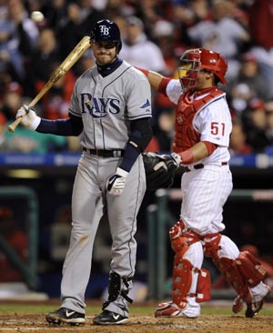 Tampa Bay Rays' Evan Longoria reacts after striking out in the sixth inning, as Philadelphia Phillies catcher Carlos Ruiz (R) throws the ball back to the pitcher, in Game 4 of Major League Baseball's World Series in Philadelphia October 26, 2008.