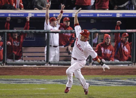 Philadelphia Phillies Jayson Werth celebrates hitting a two-run home run against the Tampa Bay Rays during the eighth inning in Game 4 of Major League Baseball's World Series in Philadelphia, October 26, 2008.