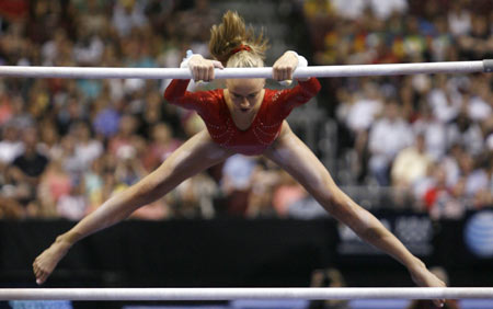 Gymnast Nastia Liukin does her routine on the uneven parallel bars at the 2008 U.S. Olympic gymnastics team trials in Philadelphia, Pennsylvania, June 22, 2008.