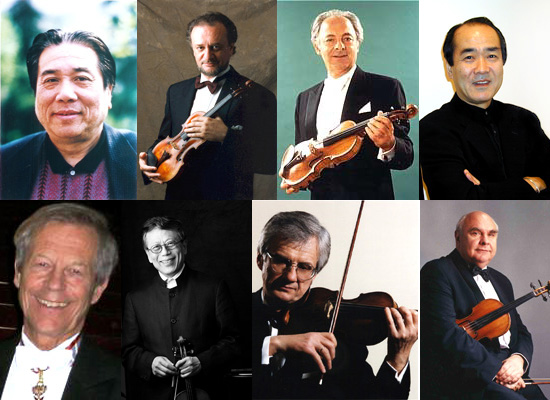 Eminent musicians on the jury panel of the Qingdao violin competition. Top, left to right: Lin Yaoji (China), Eduard Schmieder (America), Gyorgy Pauk (Hungary/Britain) and Masao Kawasaki (Japan/America). Bottom, left to right: Michael Frischenschlager (Austria), Min Kim (Korea), Oleg Krysa (Russia/America) and Sergey Kravchenko (Russia).