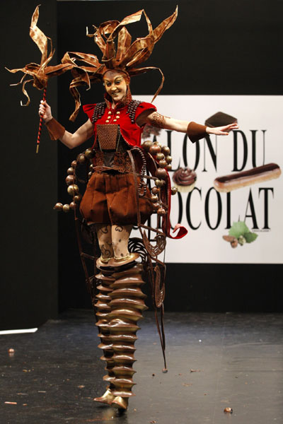 Artist Ericka Bailey presents a creation by Esmod, Nicolas Boussin and PCB Creation at the 14th Salon du Chocolat (Paris Chocolate Show) in Paris October 28, 2008.